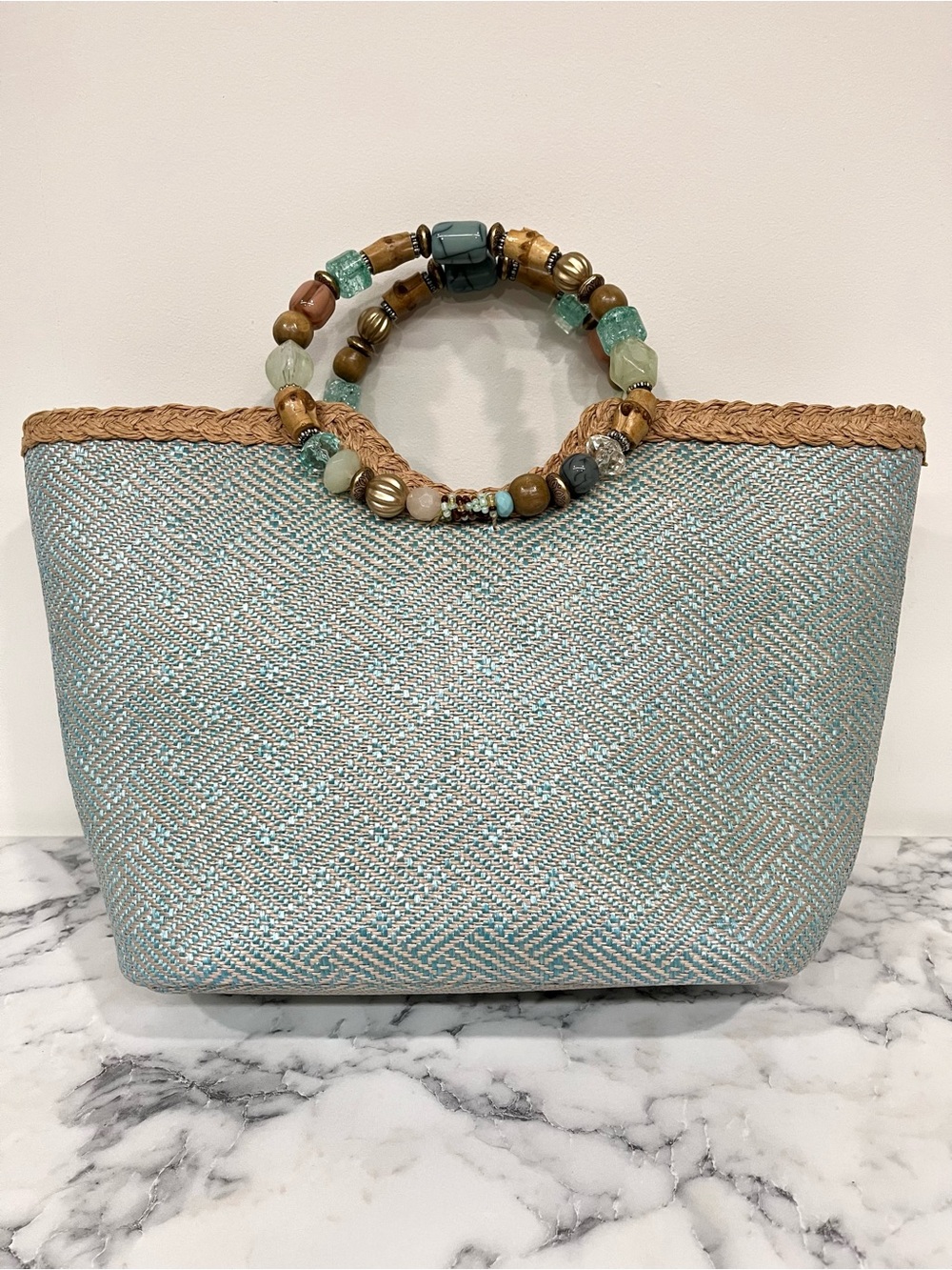 Cappelli pastel blue tan woven straw handbag tote colorful beaded handle coastal - Picture 2 of 9